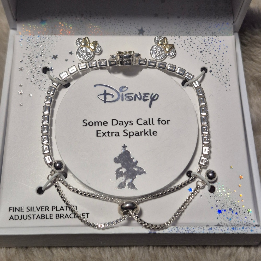 Disney Minnie Mouse Fine Silver Earrings and Adjustable Bolo Bracelet NIB